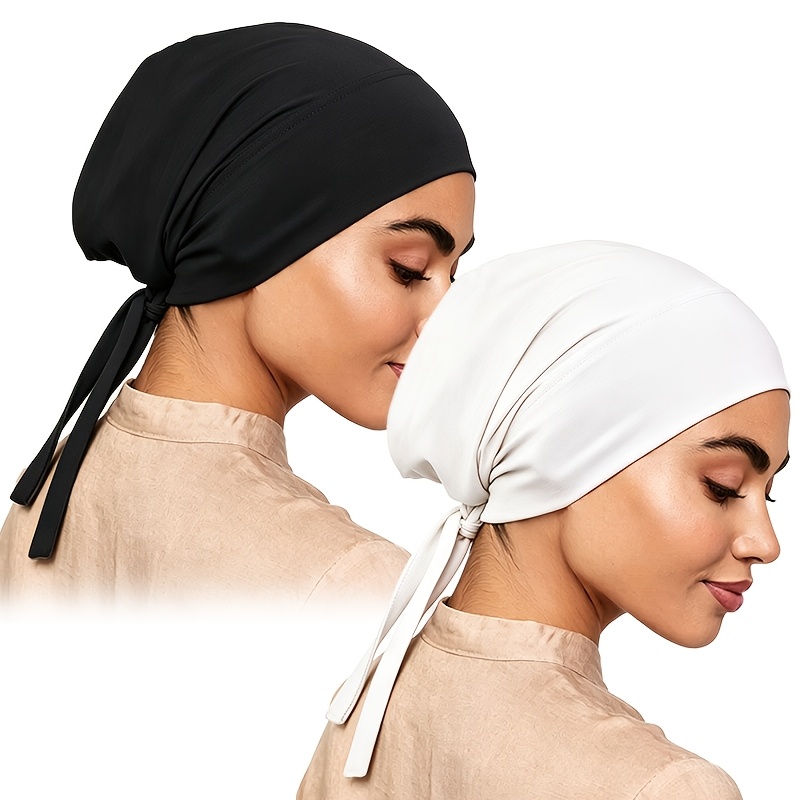TEMU Conjunto de 2 piezas de gorro base musulmán de tela elástica súper , estilo , pañuelo para la cabeza, turbante