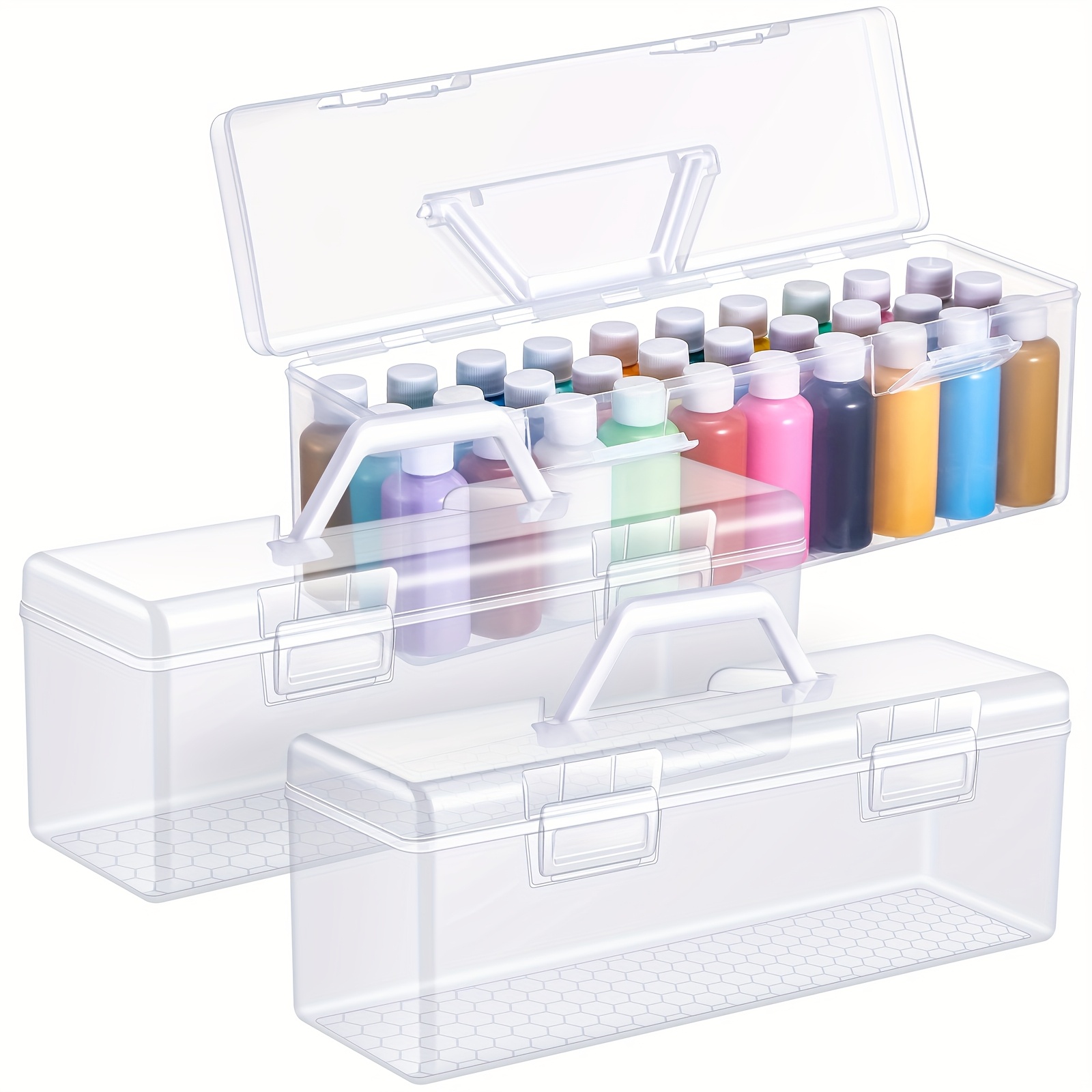3pcs Paint Storage Box For 2 Fl. Oz Acrylic Paints, Acrylic Portable Craft Art Organizer With Handle, 30 Bottles Capacity Plastic Art Supply Clear Boxes