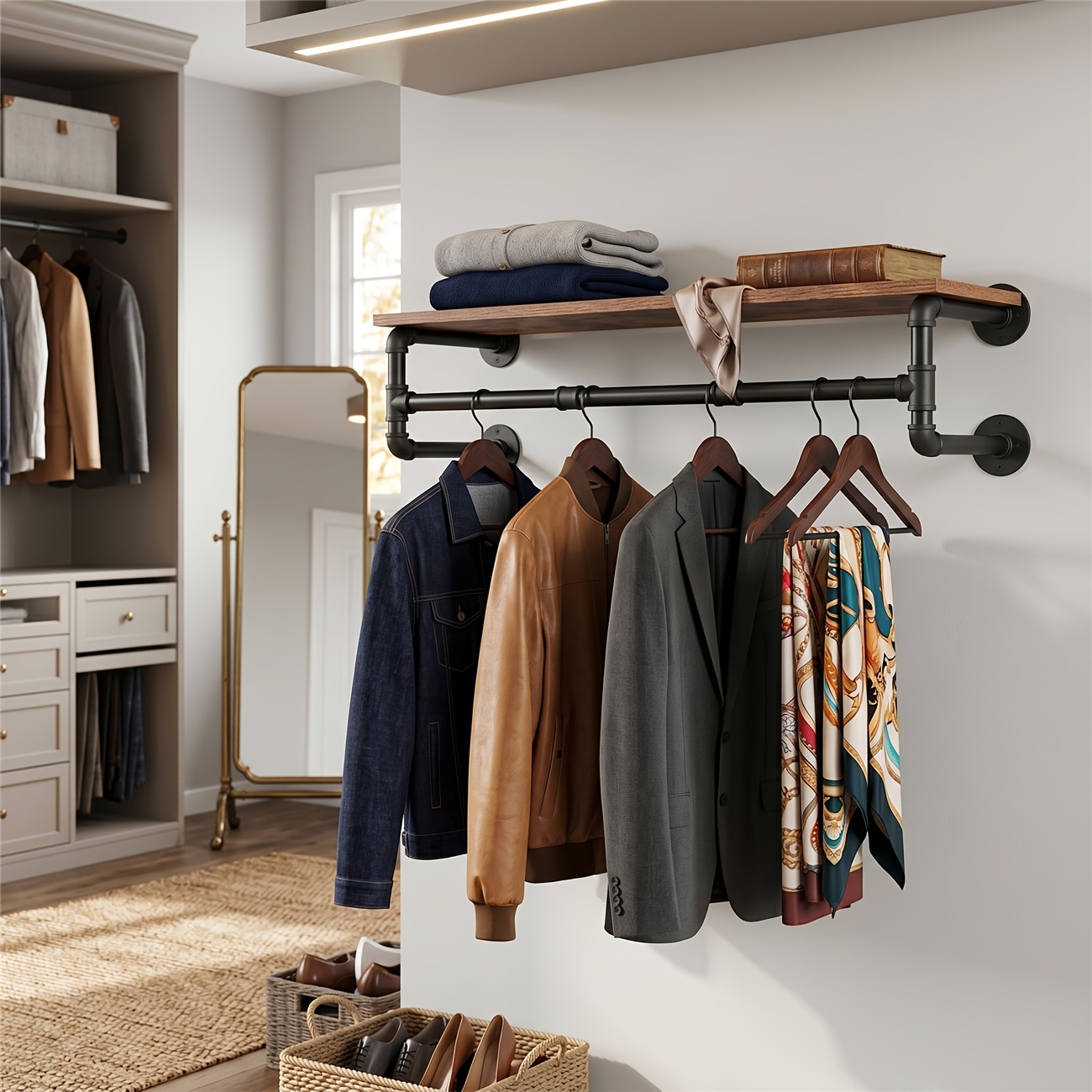Heavy-duty Wall-mounted Clothes Rack With Shelf - Industrial Pipe Garment Rod & Shelves, Suitable For Laundry Room, Retail Display, Space- Storage, Installation For Or Commercial Use (no )
