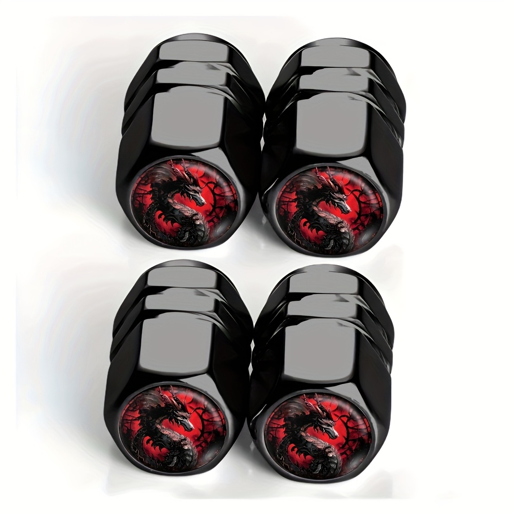 TEMU 4-pack Black Dragon Entangled Blood Round Tire Valve Caps - Suitable For Cars, Trucks, Suvs And Motorcycles, Durable Aluminum Alloy, Stylish And