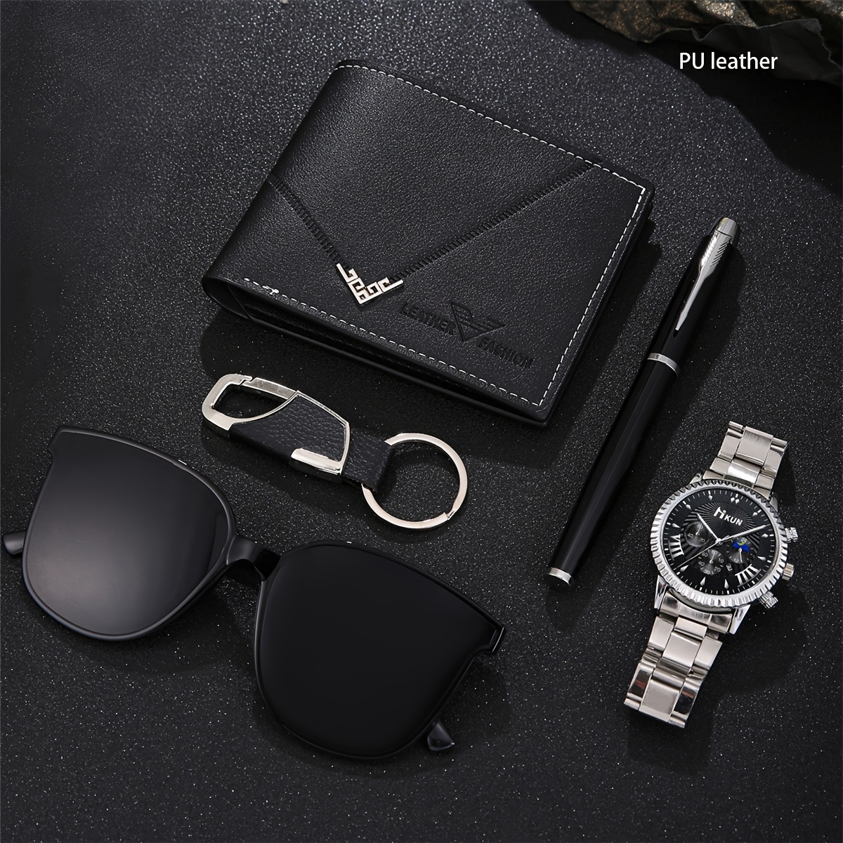 5pcs mens fashion wallet set sleek black   leather   with fashion glasses keychain perfect gift for him details 3