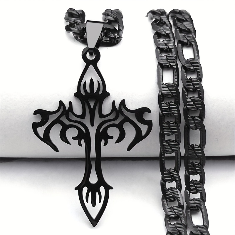 Image of Goth Flame Cross Pendant Necklace - Stainless Steel Black Unisex Jewelry For , Edgy Gothic Style Fashion Accessory Gift N2322s08, Intricate Chain Design