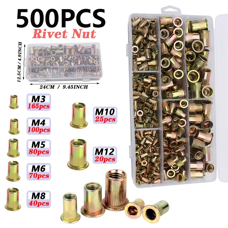 TEMU Pressure Rivet Nut Set, 500pcs Metric Rivet Nut Assortment (m12/m10/m8/m6/m5/m4/m3), For Furniture, Decor, Automotive, Marine And Industrial