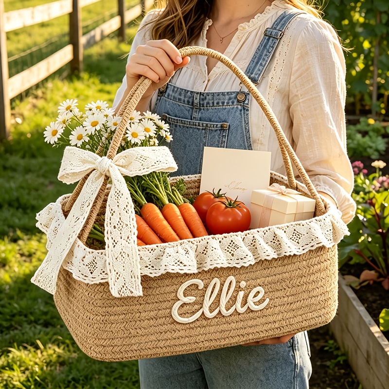 Custom Name Storage Basket with Lace Trim, Handheld Organizer