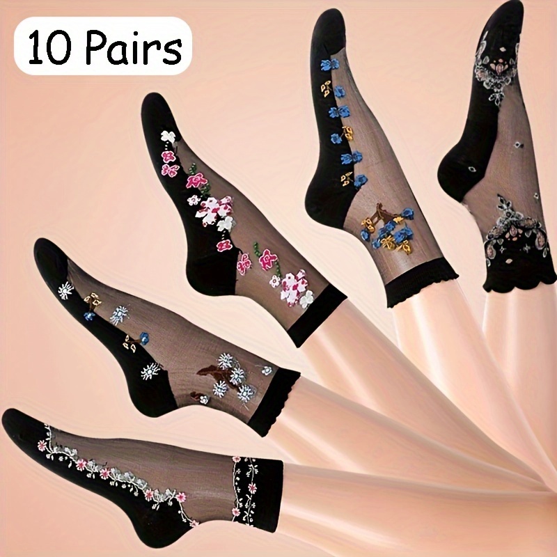 

10 Pairs Women's Floral Lace Mid-calf Socks, Transparent Crystal Sheer With Black Lace Detail, Knit Polyester , 5% Elastane, Machine Washable - 50% Polyester, 45% Polyamide