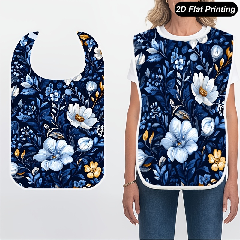 TEMU 1pc Adult Bib, Mixed Floral Pattern, Protective Lining, Dark Blue Surface, Machine Washable, Restaurant Clothing Protector, Unisex For All Ages,