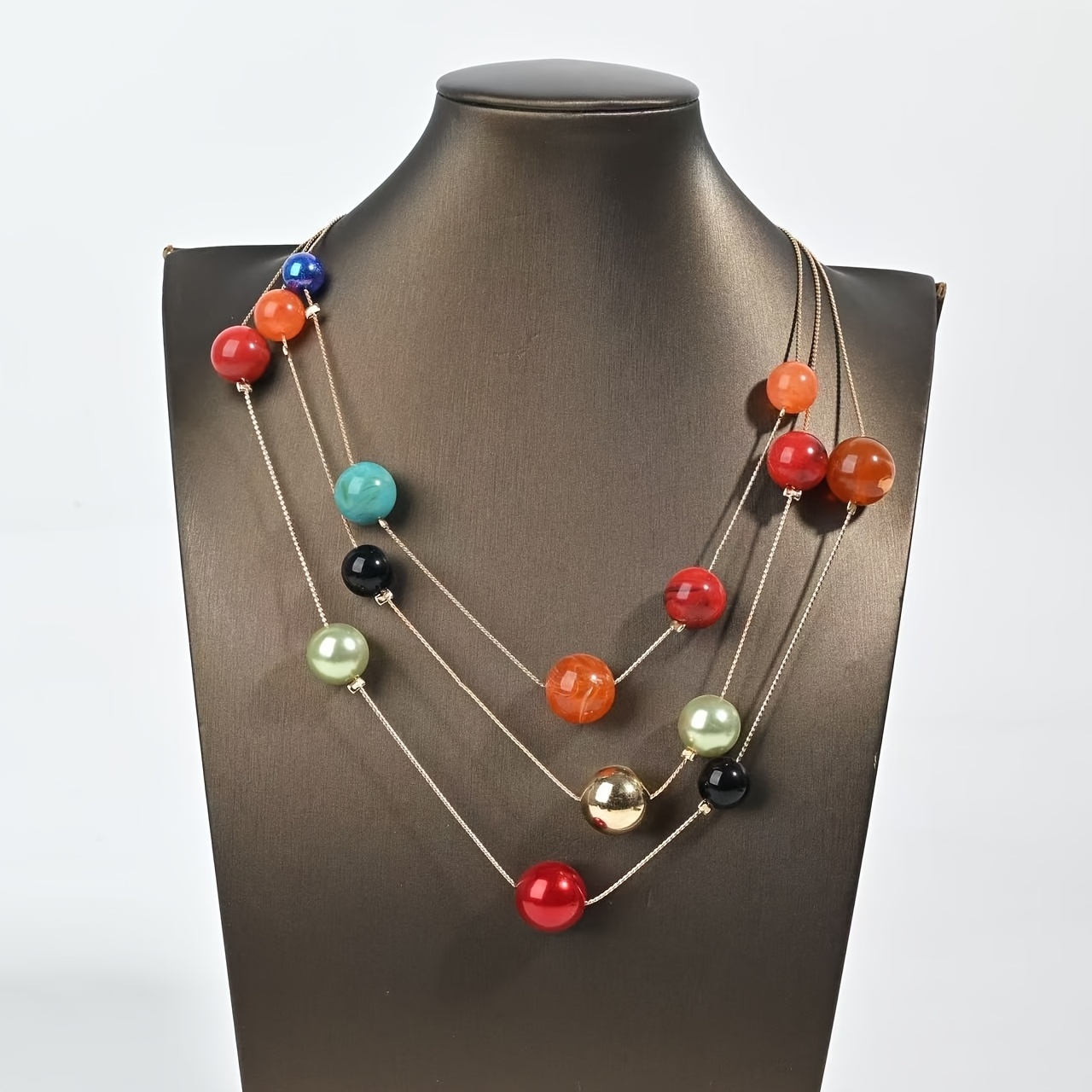 Women's Multi-Layer Golden Chain Multi-Color Round Bead Statement Necklace