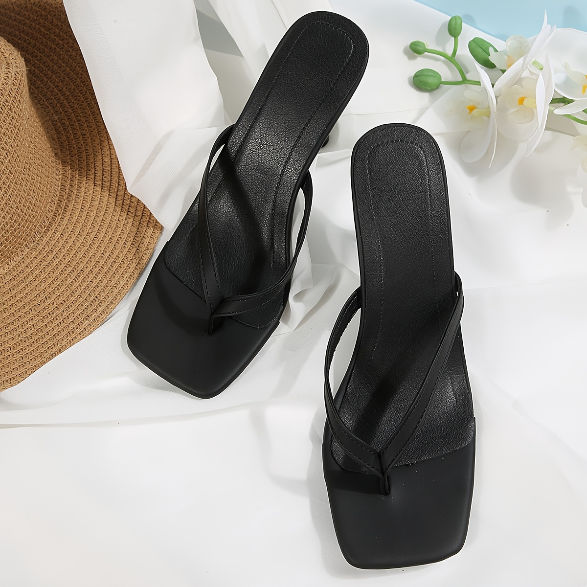 TEMU Mules à talons hauts pour femme avec bout carré, lanière à -orteils, talon évasé et dos ouvert, sandales à enfiler, chaussures élégantes pour