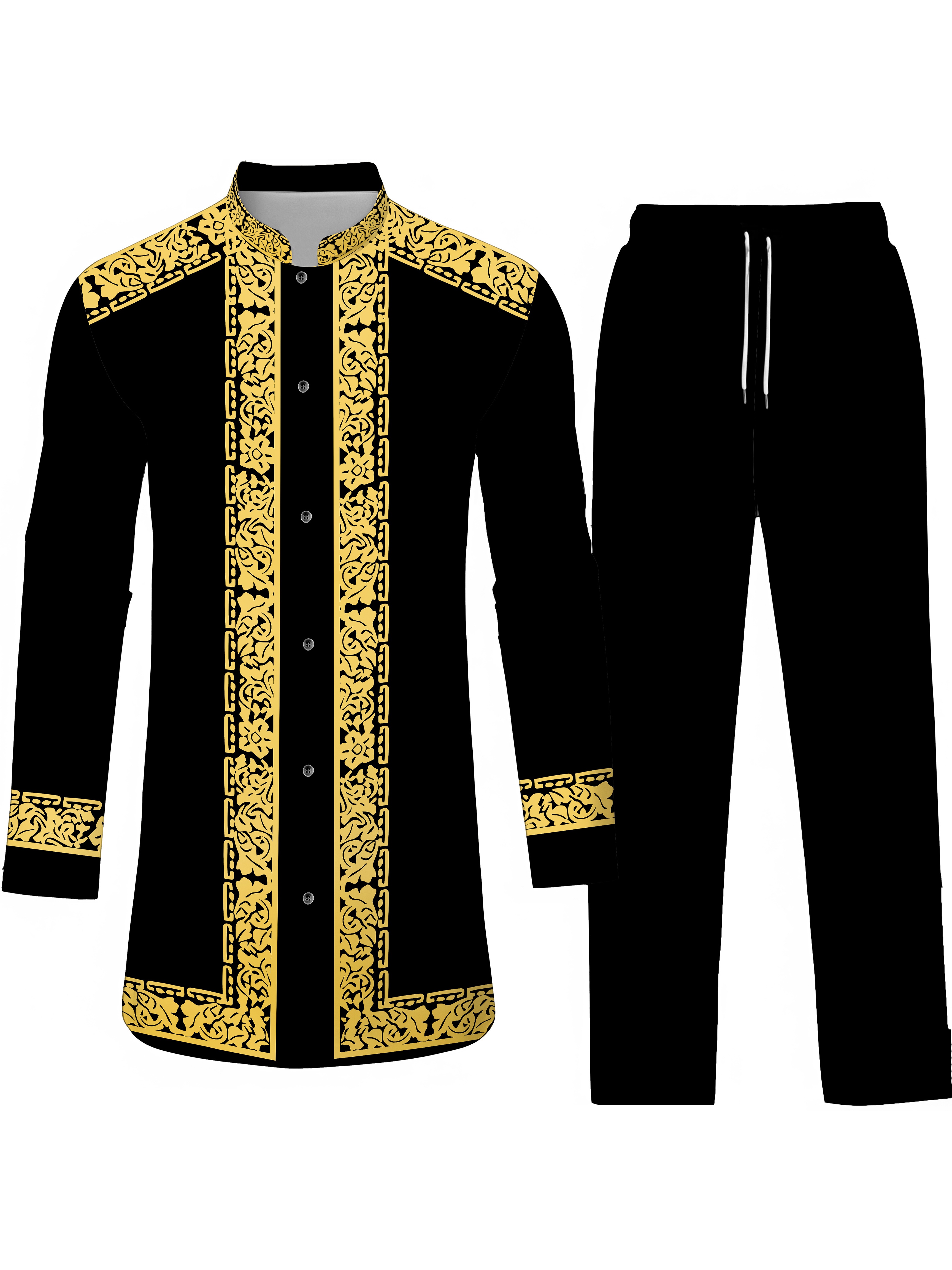 2pcs mens long sleeve shirt and pants set african ethnic style casual outdoor   robe outfit black 0