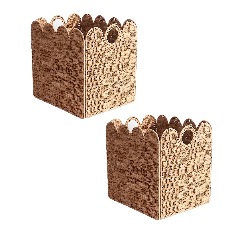 2pcs Paper Rope Magazine Storage Basket, Wave-edge Woven Basket For Living Room, Vintage And Sundries Organizer Storage Basket, Shelf Baskets