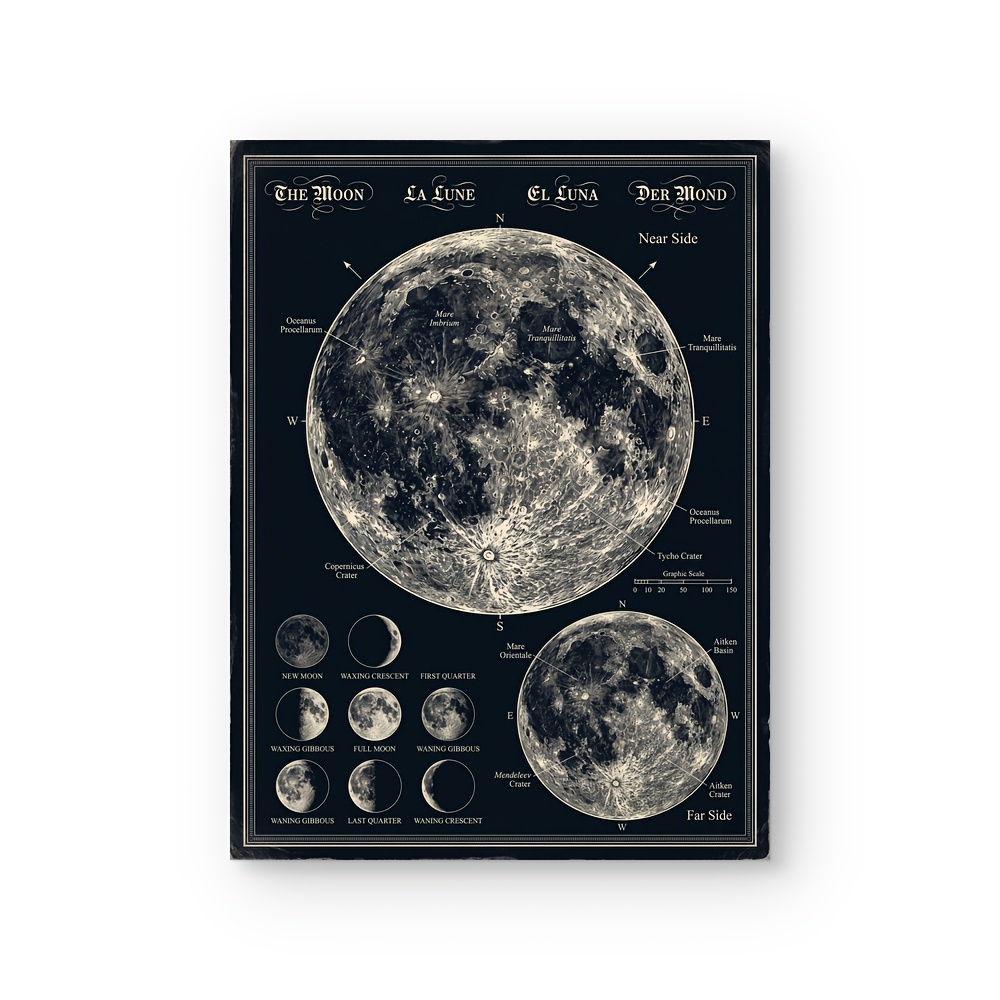 TEMU 2d Flat, 1pc Phase Chart Wall Art Print, Vintage Lunar Map & Phases Poster, Unframed Celestial Astronomy Canvas For Living Room, Bedroom, Office