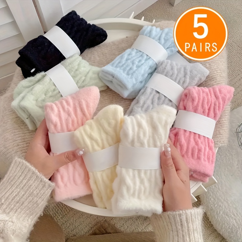 

5 Pairs Solid Twist Pattern Socks, Sweet & Warm Floor Mid Tube Socks For Fall & Winter, Women's Stockings & Hosiery