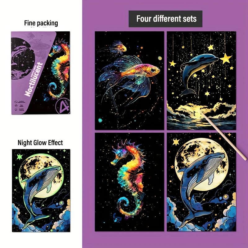 TEMU 4pcs Luminous Scratch Card Set Scratch Book Creative Painting Handmade Holiday Gift, Suitable For Office Decompression, School Games, Various