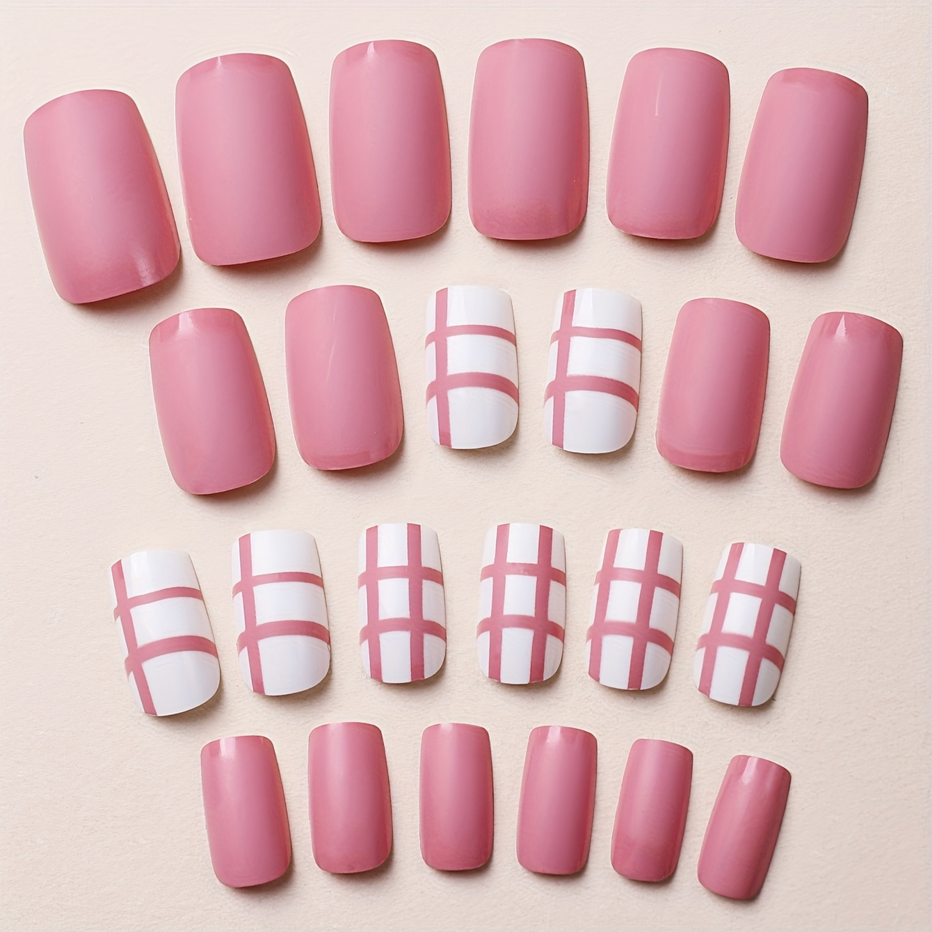 24pcs white and rose pinkish checkerboard patterned false nails medium square false nails sweet simple style blue gradient press on nails french style fake nails with heat and star print design sweet false nails details 1