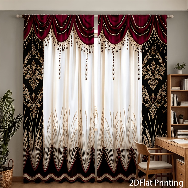 TEMU 1pc Luxury European Semi- Window Curtains Suitable For Living Room Bedroom - Damask Valance With Beads & Tassel Trim, Burgundy/black/beige