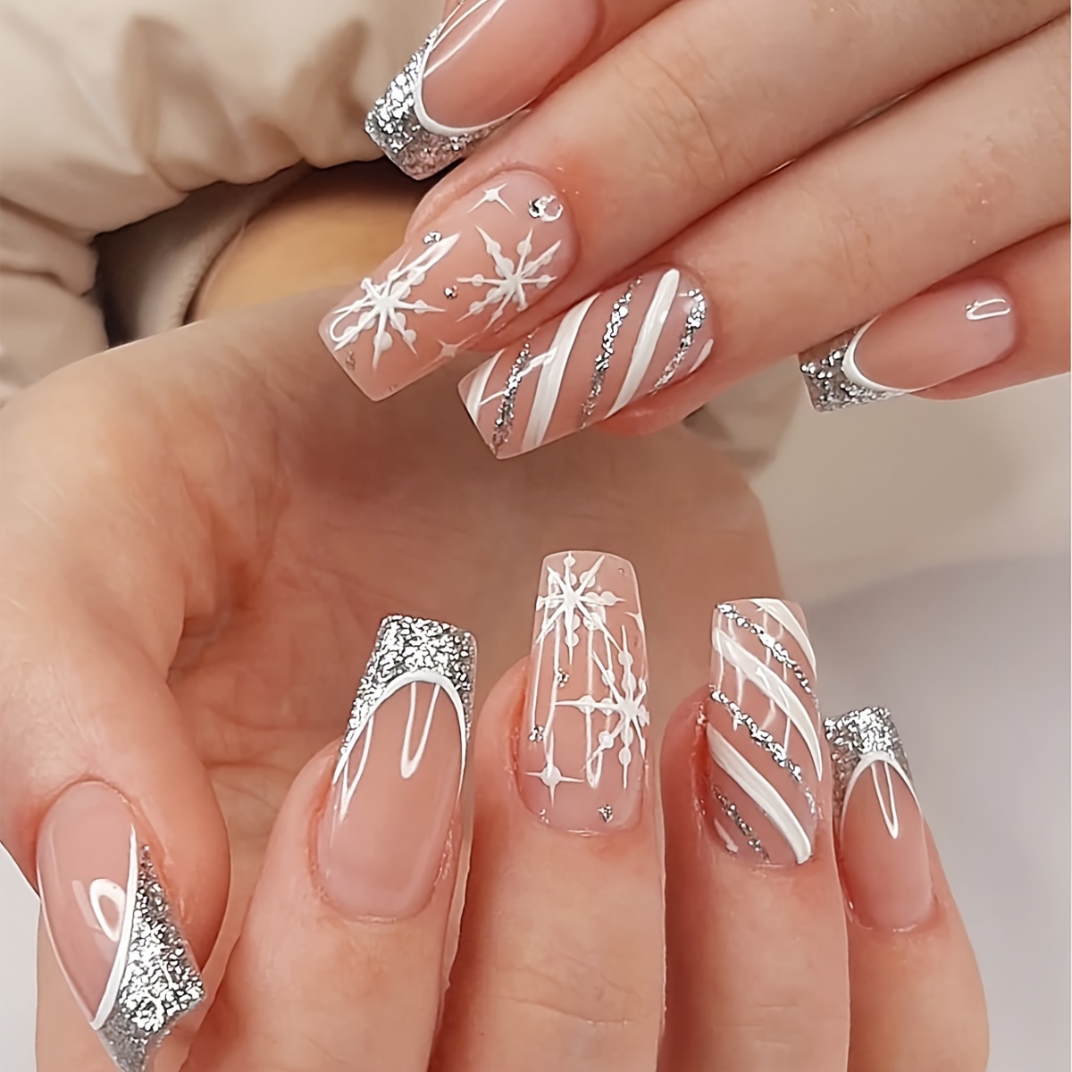 

Festive Christmas Nail Art Set: Long, Square, French Tip Nails With Glittery And White Stripes - Removable, Durable, And Perfect For The Holidays