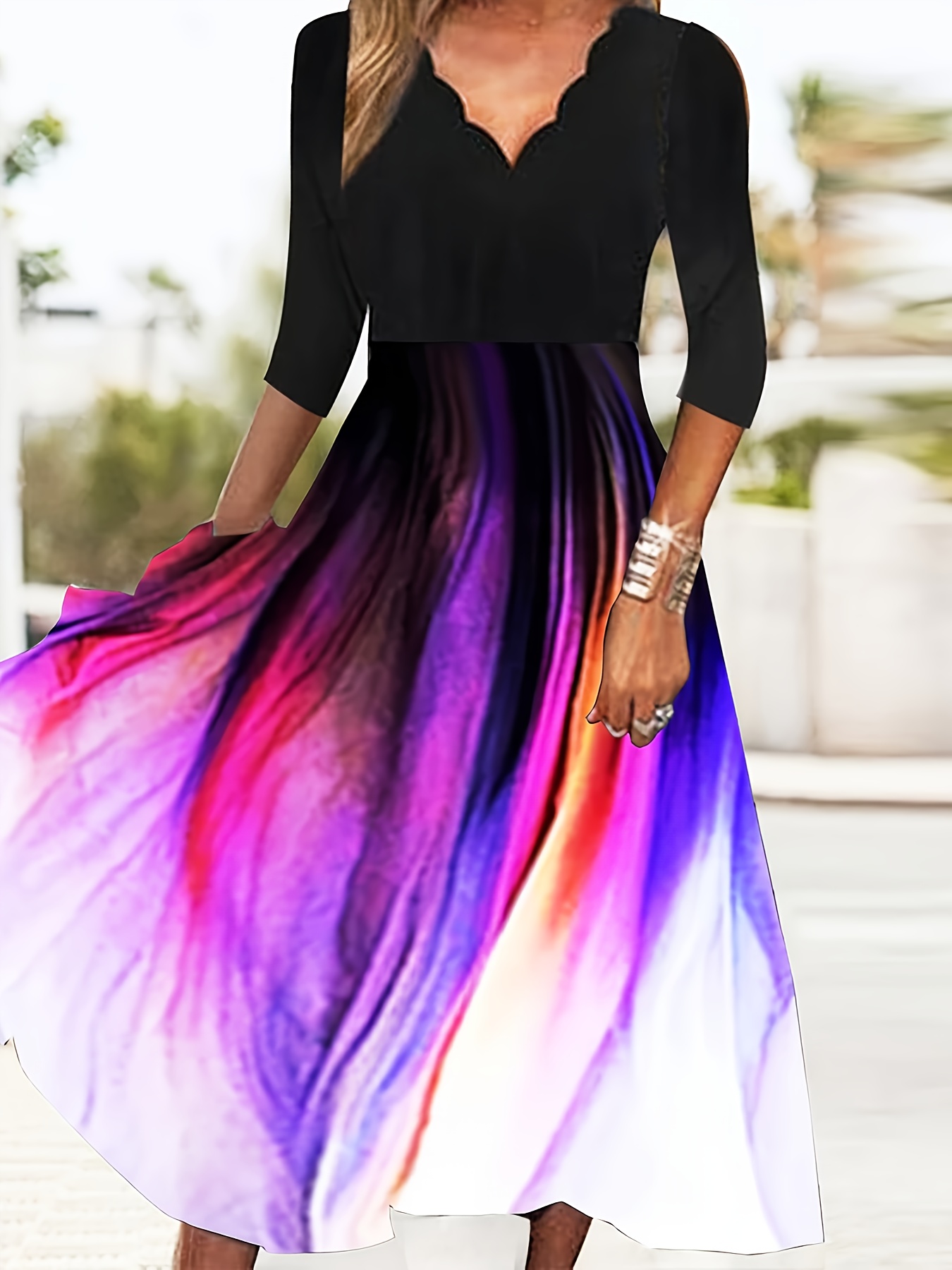 women's ombre color block fan shaped v neck dress a line Temu - Main Image