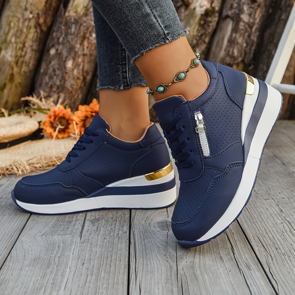 TEMU Women' Sneakers With Golden Accents - Comfortable Lace-up, Casual Sports , Casual Footwear | Trendy Sneakers | Durable Footwear