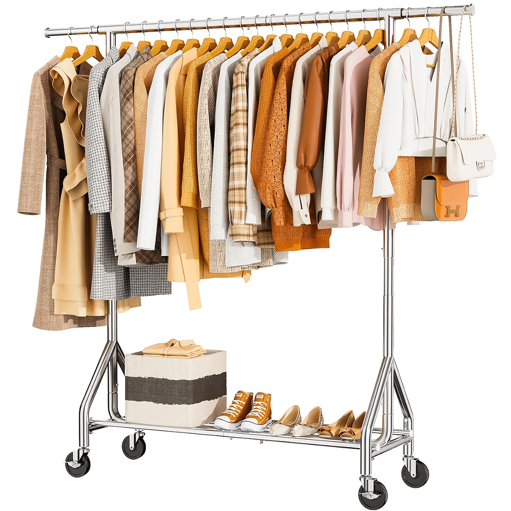 TEMU 70in Heavy Duty Clothes Rack Load 450 Lbs, Metal Garment Rack, Standing Rolling Clothing Rack For Hanging Clothes With Sturdy Wheels & Shelves,