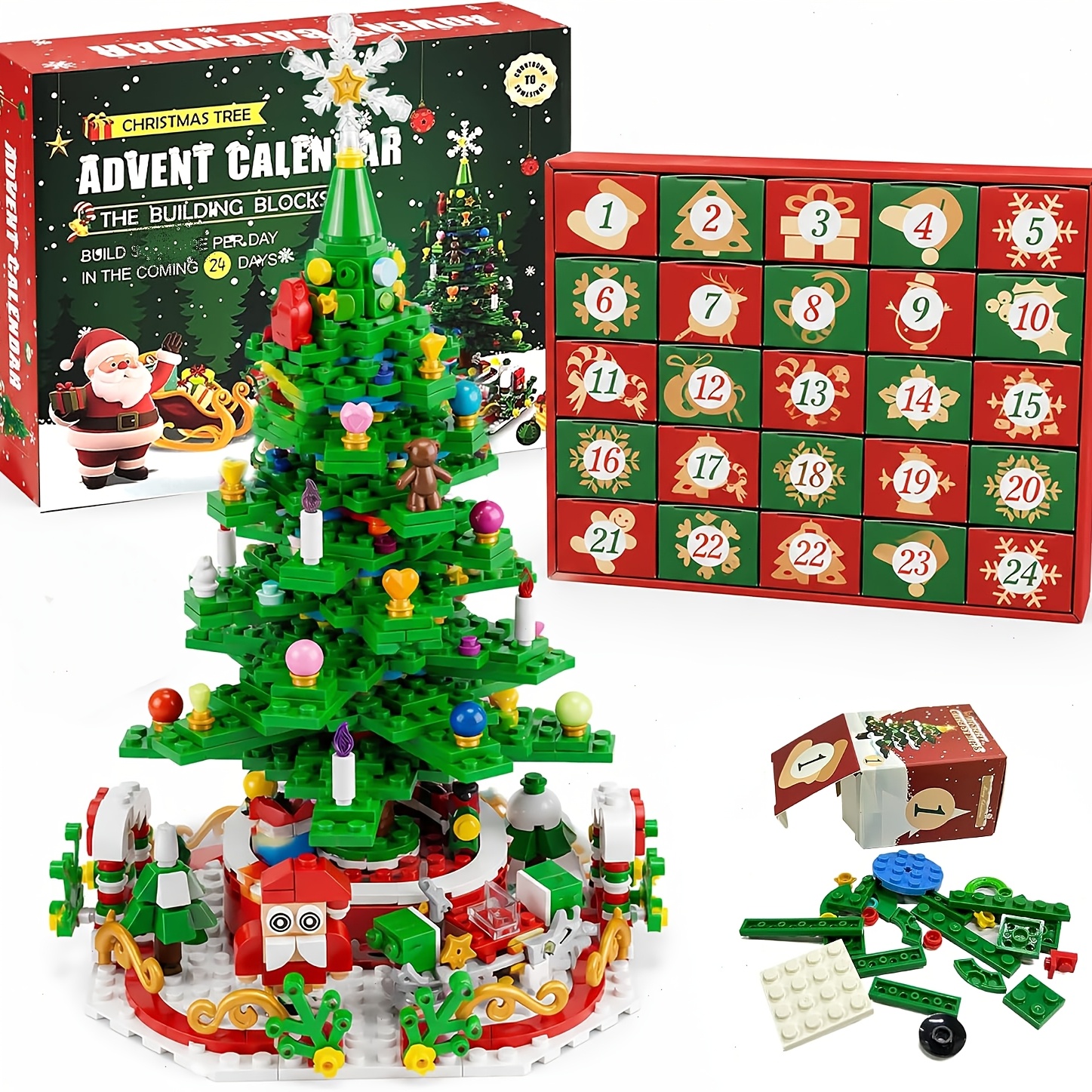 TEMU Advent Calendar 2026, Christmas Tree Toy Days Surprise Christmas Countdown Toys Building Set, 24in1 Christmas Tree Building Block Rotating Set