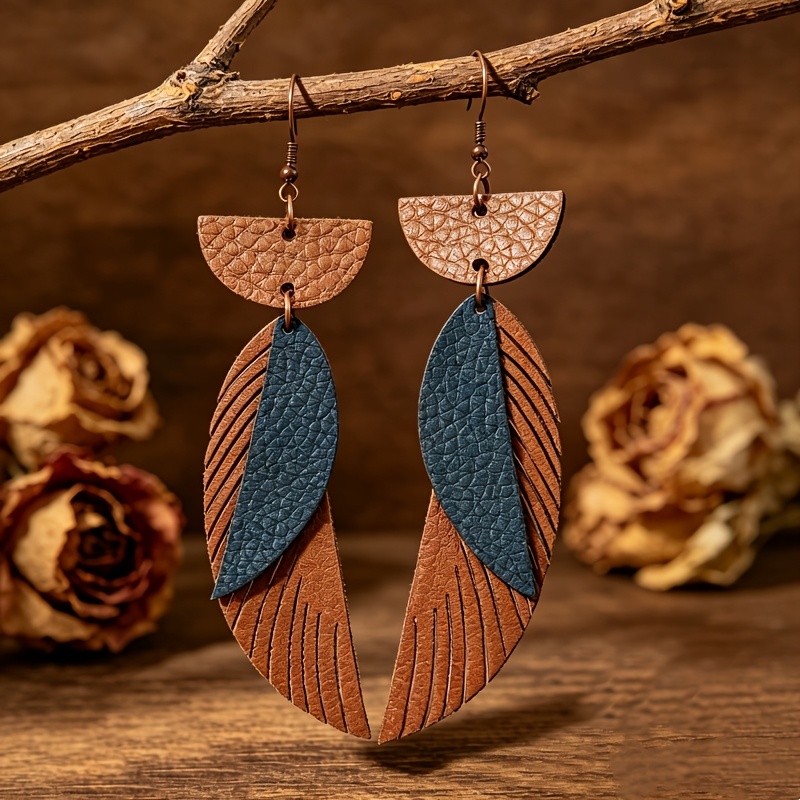 TEMU 1 Par de Aretes Colgantes Estilo Western en Capas, Semicirculares con Plumas, Bloques de Color y Hojas