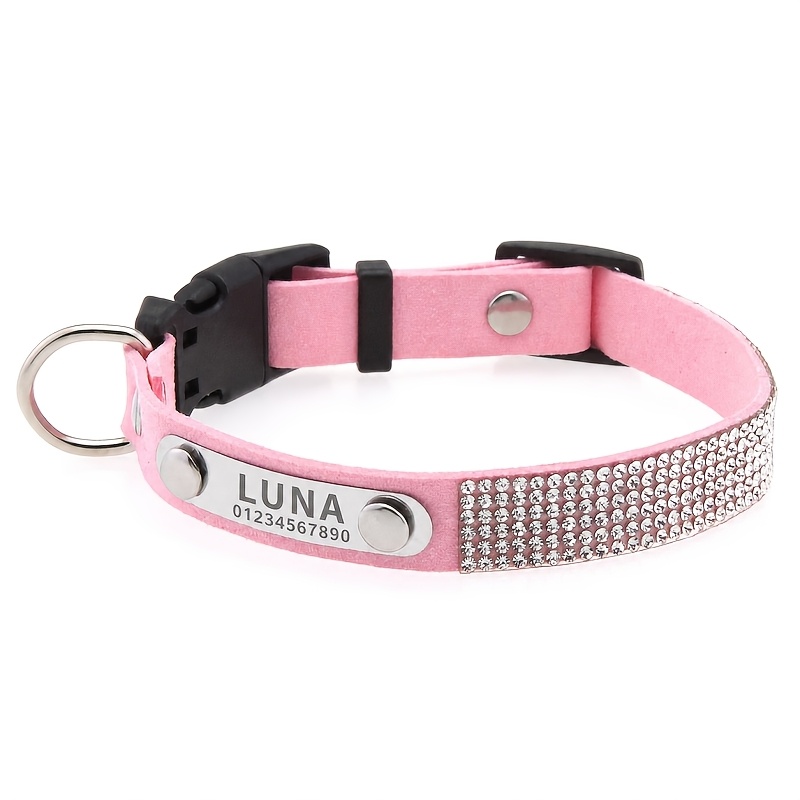 TEMU Personalized Rhinestone Dog Collar With Custom Name/phone/id Tag - Adjustable Sparkling Crystal Collar Suitable For Small To Medium , Engravable