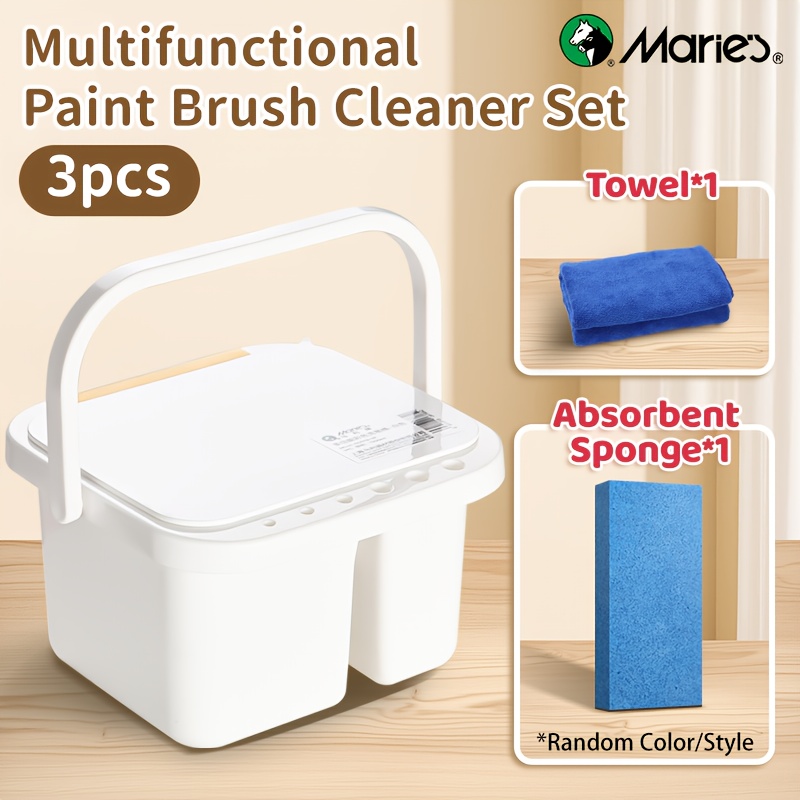 Marie's Multi-Use Paint Brush Cleaner Set 3pcs, Paint Brush Holder and Organizers with Towel & Absorbent Sponge for Acrylic, Watercolor, and Water-Based Paints, Artists & Adults Painting Supplies, Perfect Gift for Birthday, Easter, Valentine's Day &