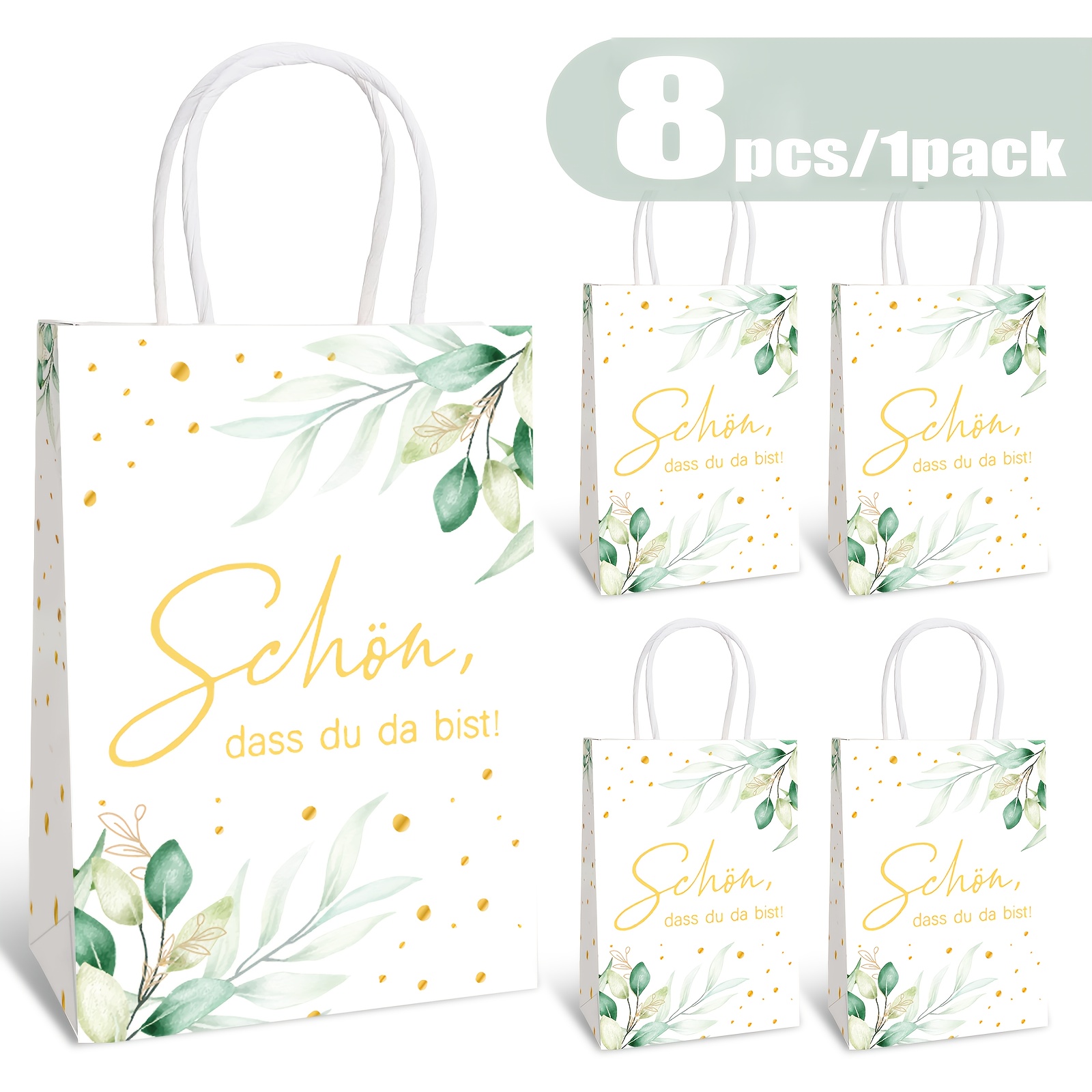 8pcs Gift Bag "schon Dass Du Da Bist" 21 X 15 X 8cm Paper Bag With Handle, White Paper Packaging Bag, Eucalyptus Gift Bag, Party Bag, Wedding, Birthday Party, Communion, Baptism Decoration