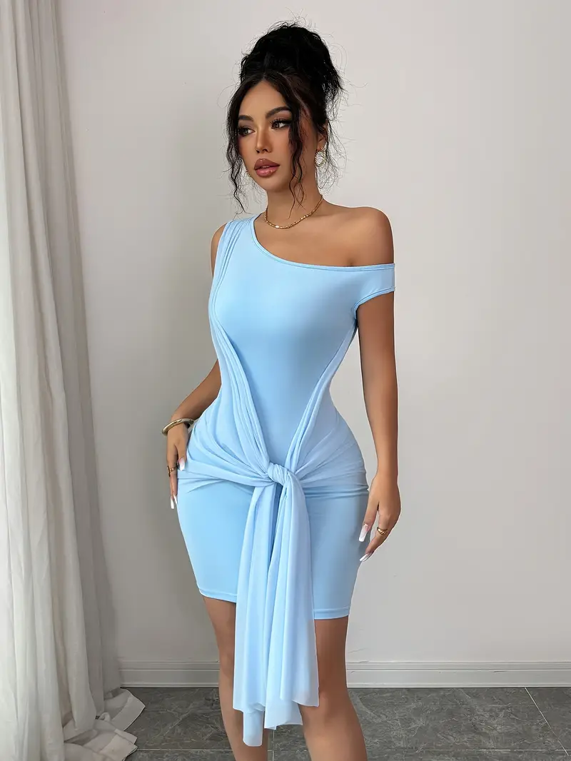 tie shoulder bodycon dress Satin Shoulder Ties Bodycon Dress in Blue
