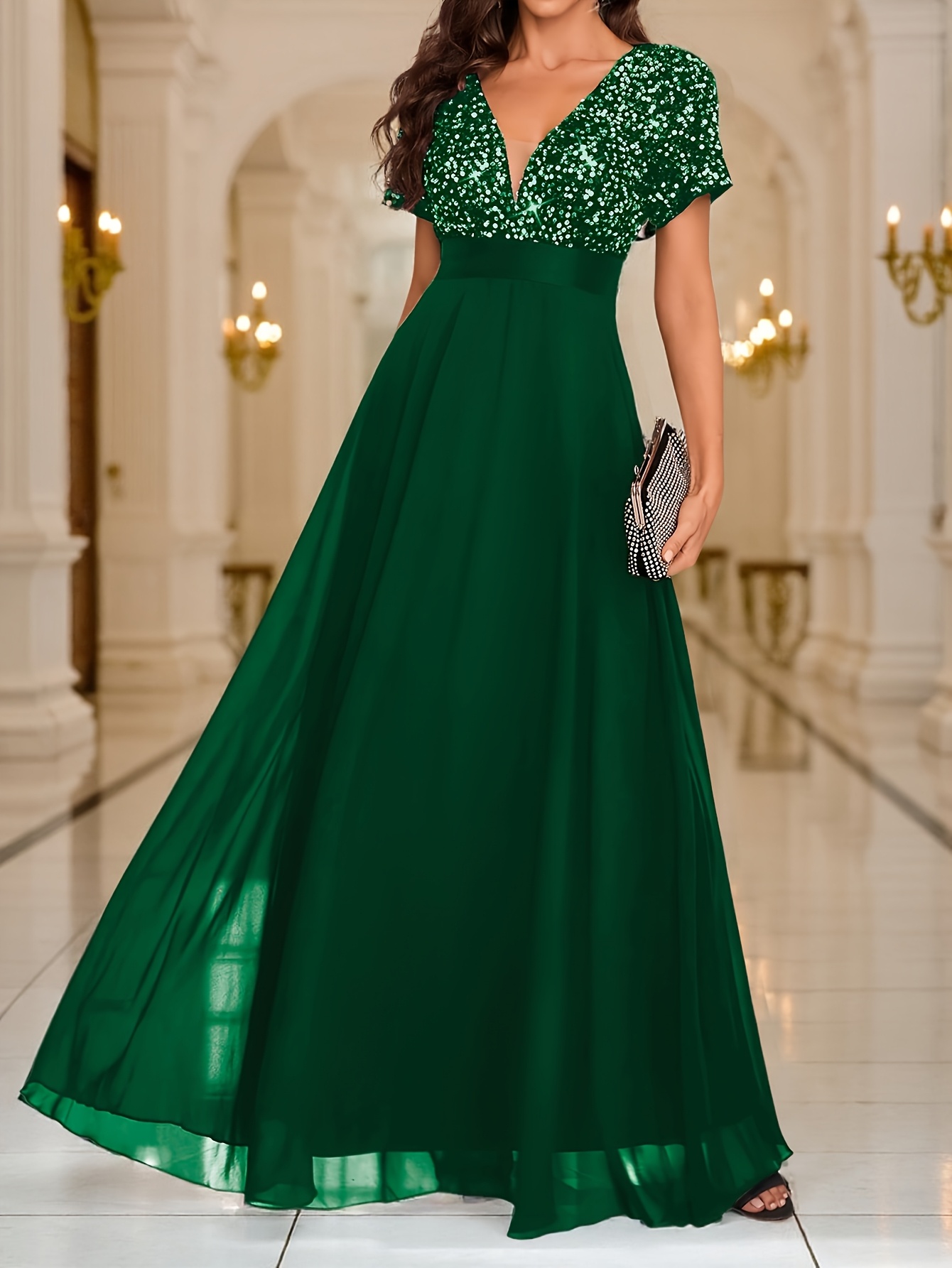 Women'S Elegant V-Neck Sequin Mesh Short Sleeve A-Line Evening Gown  Floor-Length Formal Party Dress with Sparkling Sequins, Round Neck  Flowing