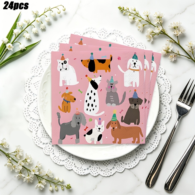 Image of 24pcs Dog Birthday Party Napkins, Cute Canine Paw Print Themed Tissues, Pet-friendly Party Table Decorations, Party Supplies, Essential For Pet Celebrations/animal Gatherings
