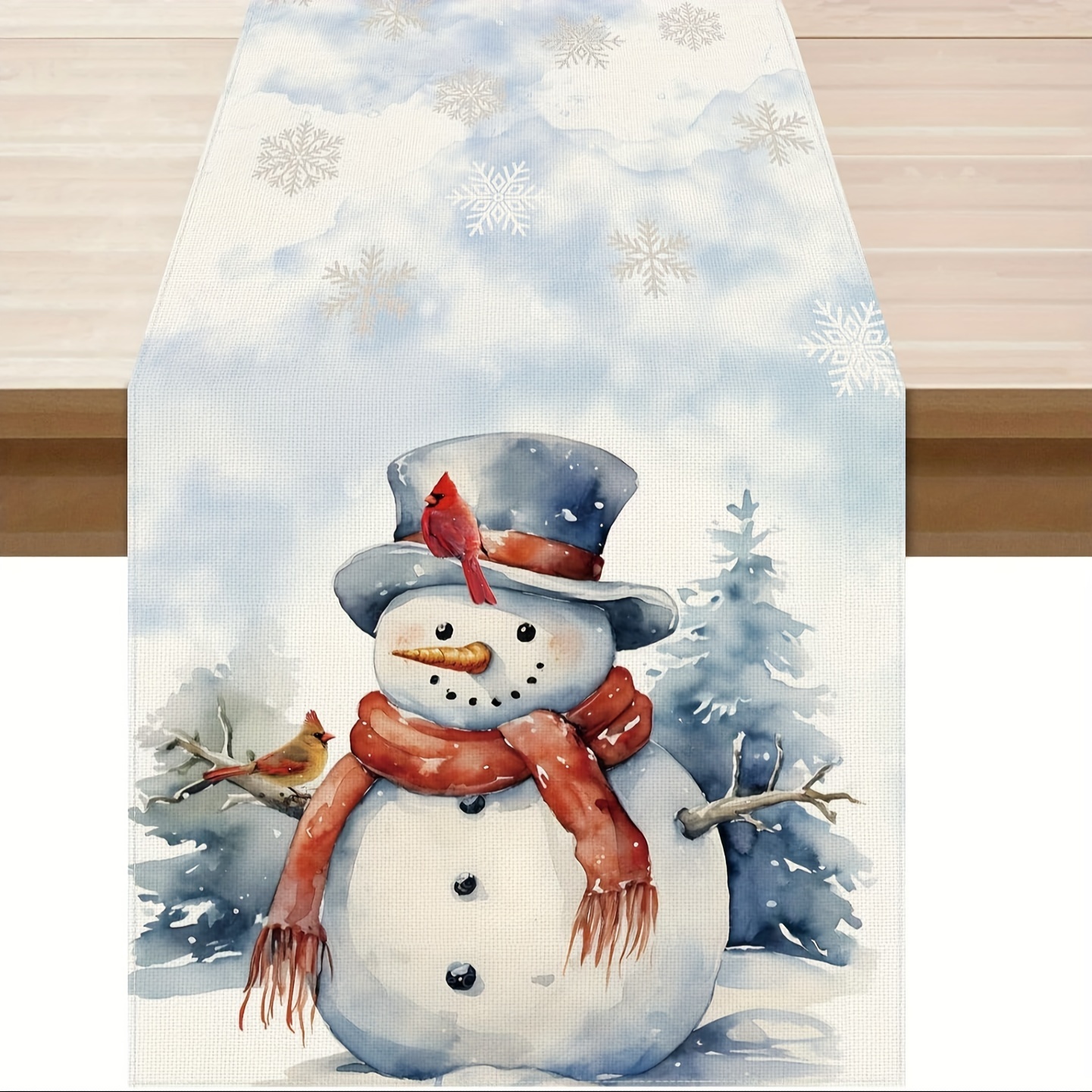 

Blue Snowman & Linen Table Runner - Christmas, & Farmhouse Decor | In 13x48", 13x72", 13x108" Sizes