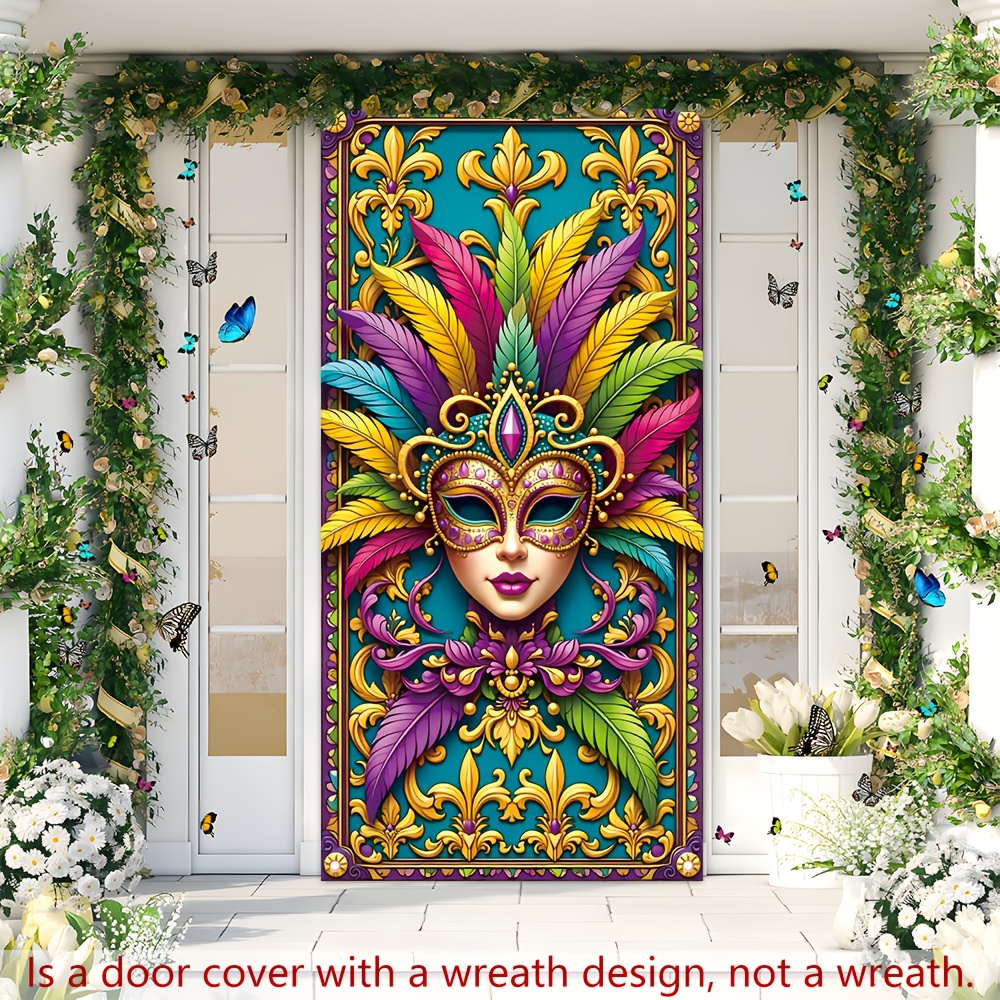 

Bannière de porte 2D 1 pièce moderne en polyester pour porte de carnaval - 180cm x 90cm, décoration murale intérieure/extérieure, plumes, électricité, fournitures de décoration pour fête de festival