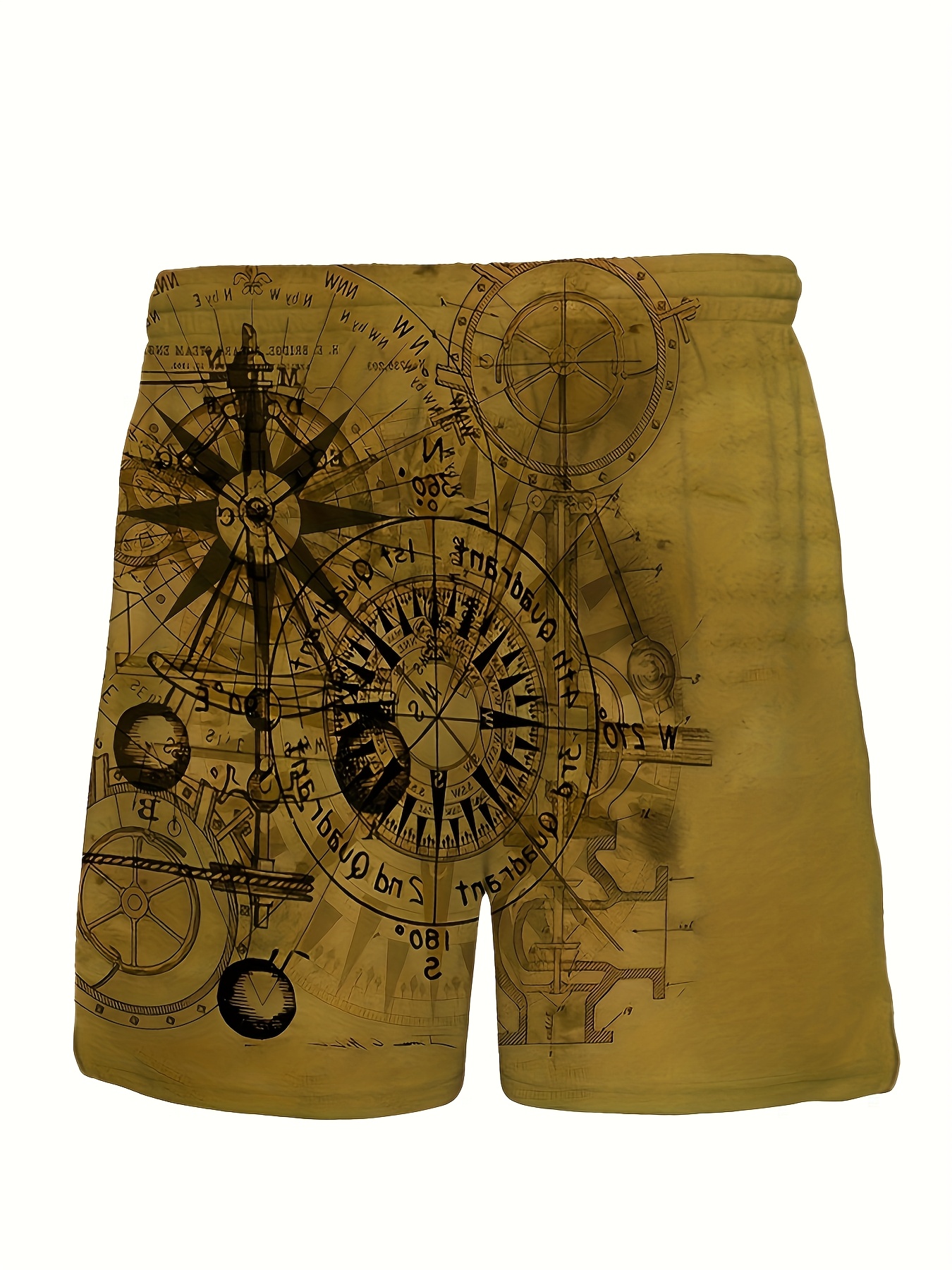 Men'S Plus Size Casual Fashion Novelty Blue Compass Pattern Digital Print Shorts, Non-Stretch Fabric, Regular Fit, Geometric Design, Woven Polyester, Casual Summer Wear, PLUS SIZ