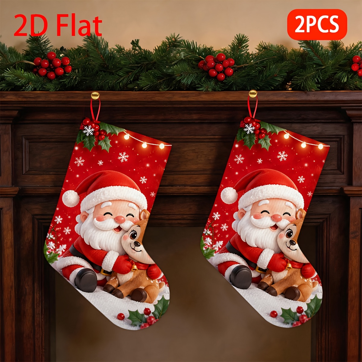 TEMU 2pcs 2pcs Set Christmas Stockings Suitable For Tree & Door Decorations, Santa Claus & Reindeer Patterns, Classic For Holiday Gifts, Parties,