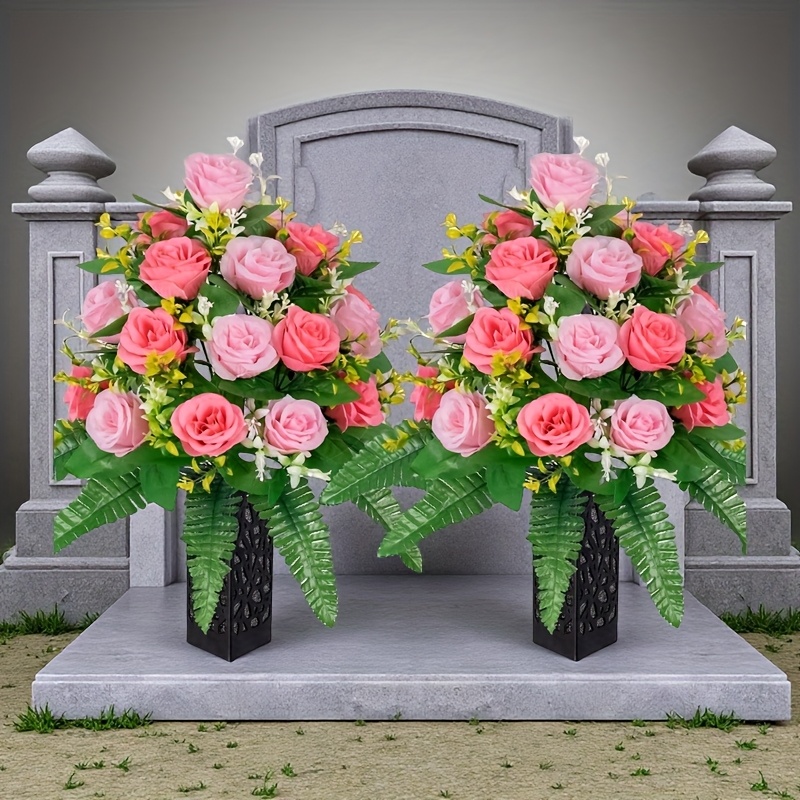 Set mit 2 knstlichen Blumen zur Grabdekoration, Rosenarrangements fr den  Auenbereich, elegante Blumendekorationen, wunderschne Blumenstrue fr  Gedenkfeiern, lebendige Farben, die unverndert ...