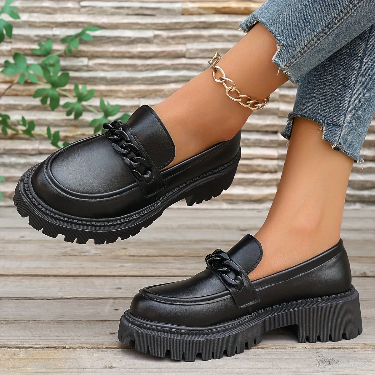 

Women's Chic Black Slip-on Loafers - Comfortable & , Cover Platform Shoes With , Round Toe , Cute Shoes