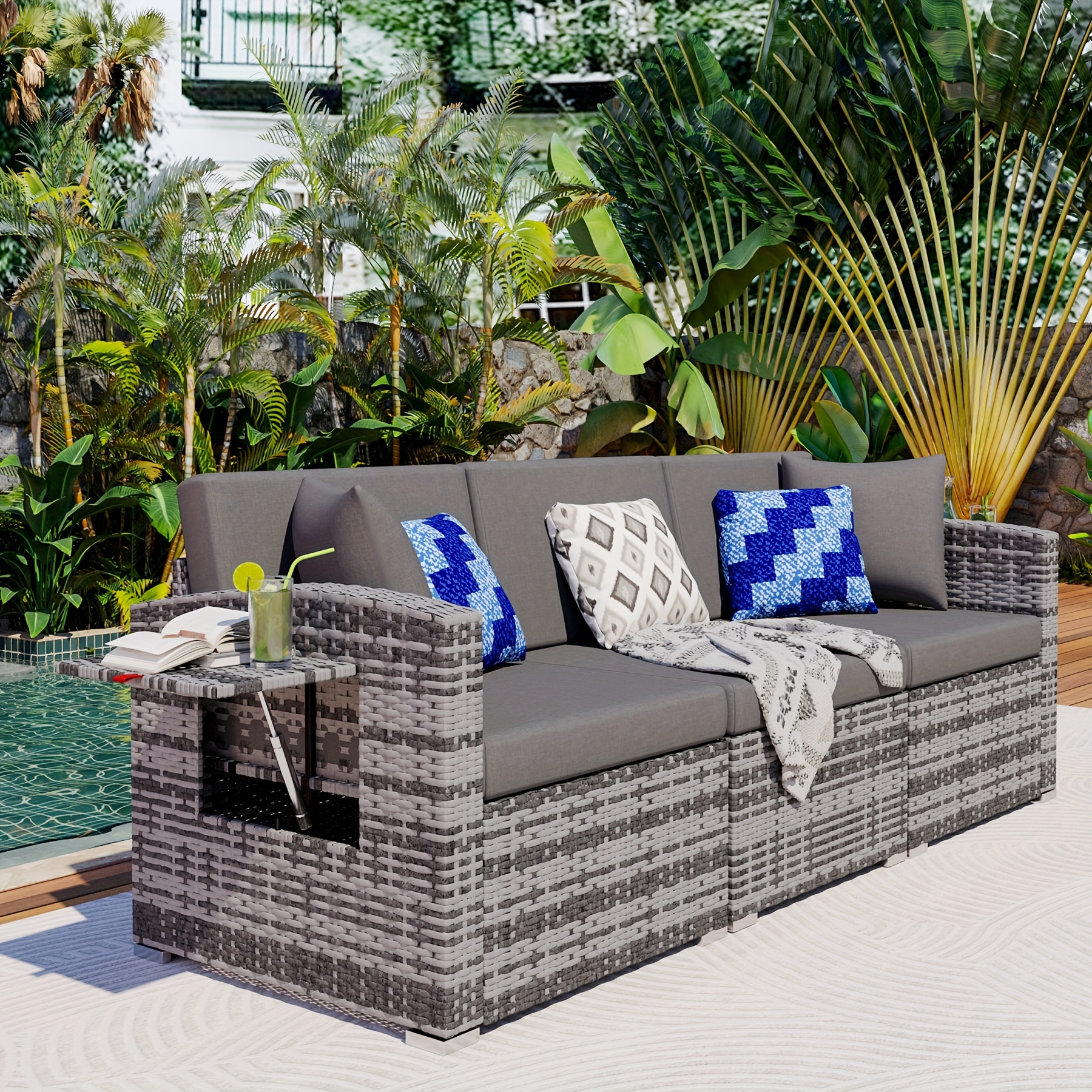 [Patio Furniture Set] 3pcs PE Rattan Patio Furniture Set | All-weather Wicker Modular Couch With Cushions, Outdoor Conversation Set For Porch Backyard Garden