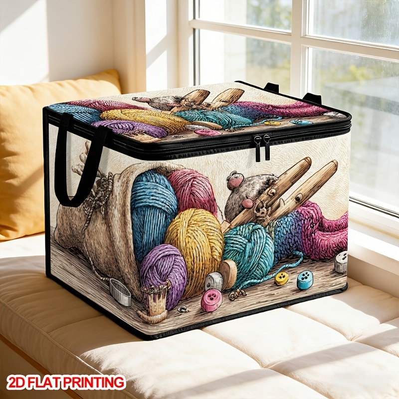 TEMU 1pc Vintage Printed Fabric Storage Box With Zipper, Large Capacity, Foldable, Household Clothing And Miscellaneous Items Organizer, Knitting
