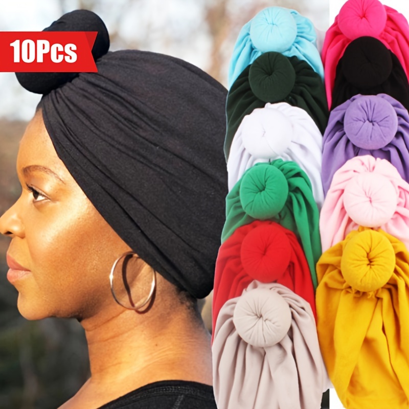 

10pcs/ Pack Fashion Turban Bandanas Headband Stretchy Turban Muslim Hat Headband Wrap Knotted Indian Cap Adult Headband Donut Hat Solid Color Hairbands Hair Accessories Headwrap Warm Earflaps Earmuffs