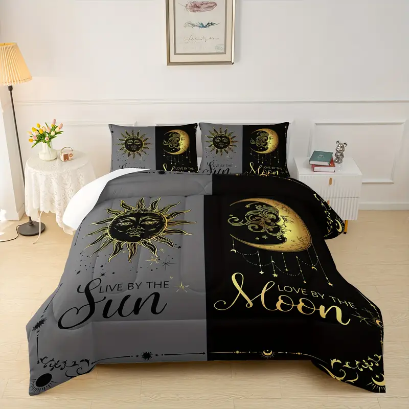 3 pcs couple comforter set sun and moon themed printed bedding queen and king comforter set for adults elegant and comfortable down comforter set 1 comforter 2 pillowcase without core Product details 0