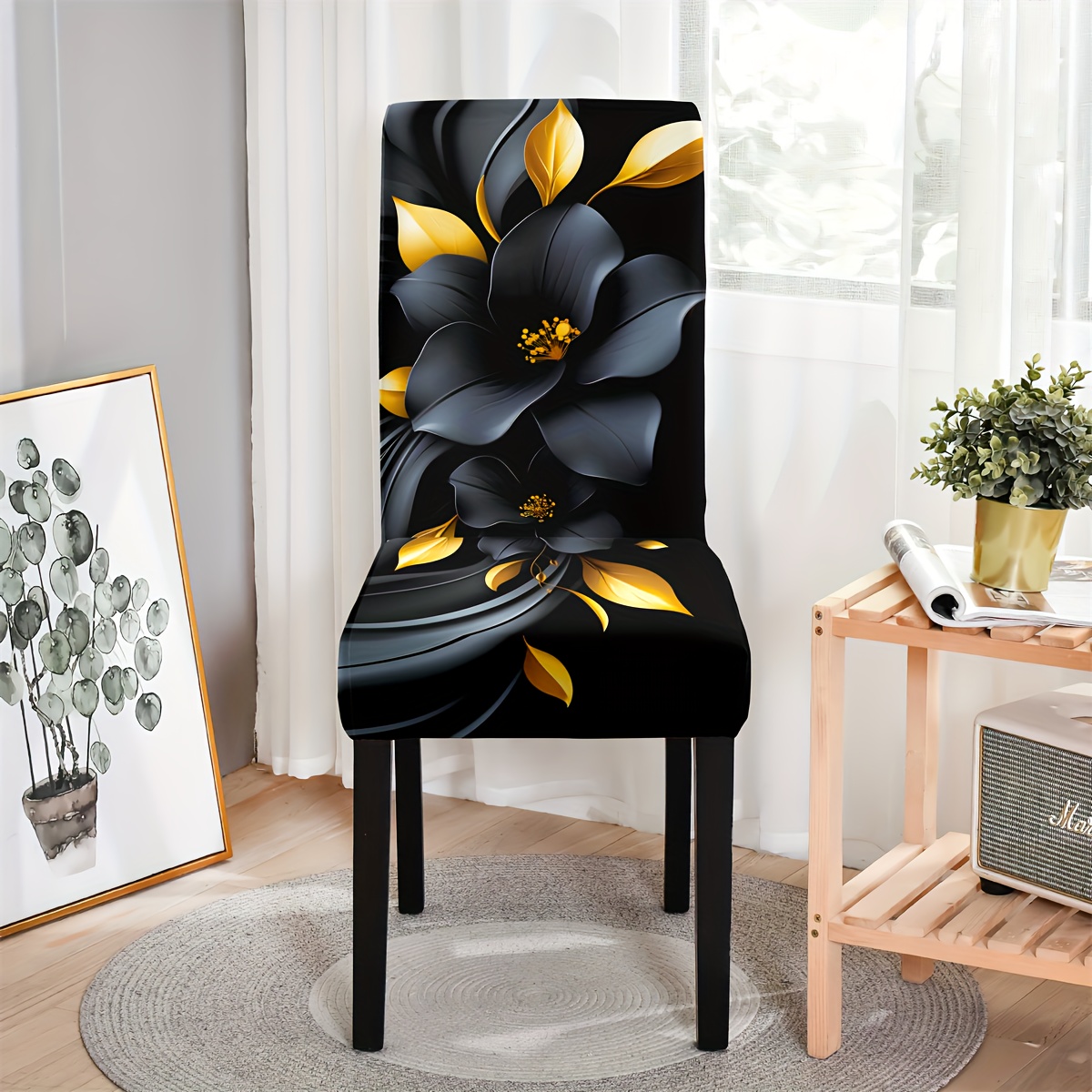 

4/6pcs Covers, Black And Golden Floral Pattern, Stretch Slipcovers With Band, Machine Washable Polyester And Spandex , Fabric, Non-slip Dining Chair Protector For Kitchen And Restaurant