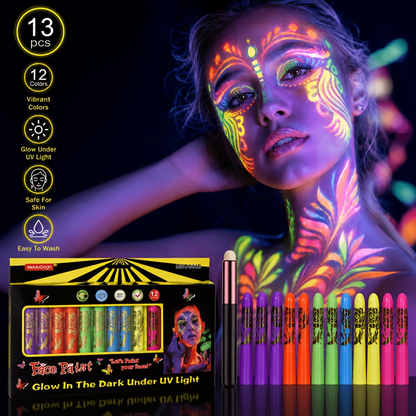 TEMU 13pcs Body Paint Set, Glow In The Dark Under Black Light Sticks Makeup Neon Face Painting Kits For Halloween Festival Accessory Glow Party