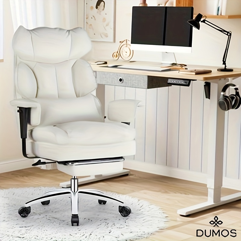 

Dumos Executive Home Office Desk Chair - Ergonomic Big And Tall High Back With Footrest & Lumbar Support, Reclining Height Adjustable Pu Leather Computer Gaming With Swivel Wheels, White