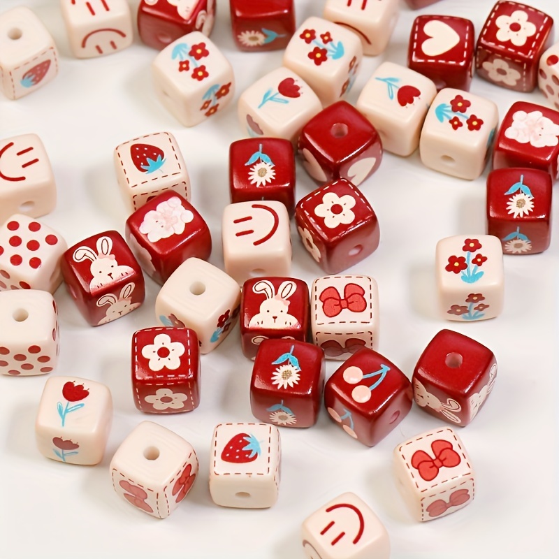 

10pcs Acrylic Beads, Cute Cartoon With Bow, Love & Flower Patterns, Square Loose Beads For Diy Phone Chain, Bracelet, Necklace Crafting Accessories, Beads For Jewelry Making