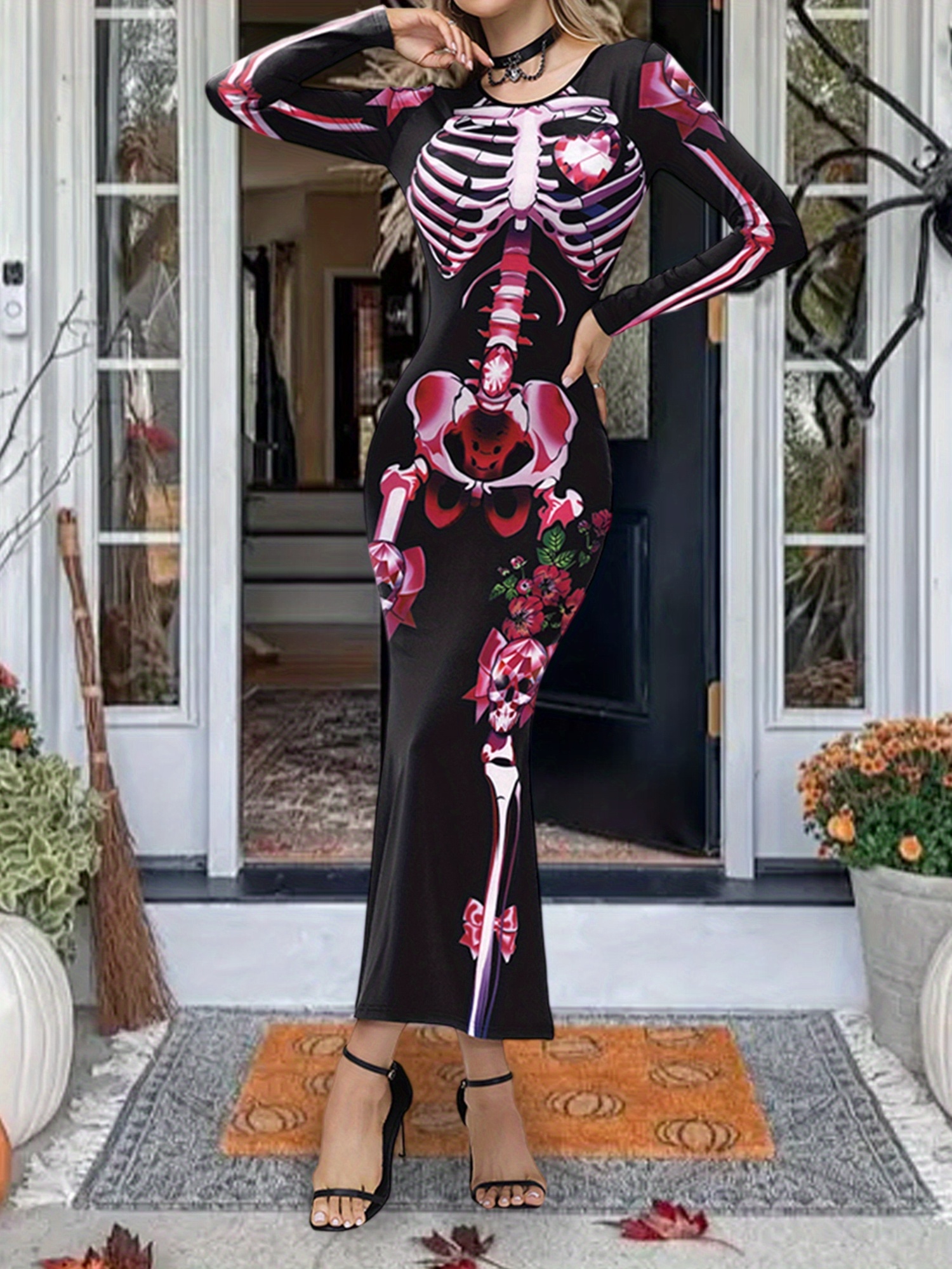 fitted lace wedding dress HDE Women's Skeleton Dress Spooky Long Sleeve Bones Mini Dress Halloween  Party Costume Fitted Stretchy Bodycon with Half Zip Black - S: Clothing,  Shoes & Jewelry main image 1