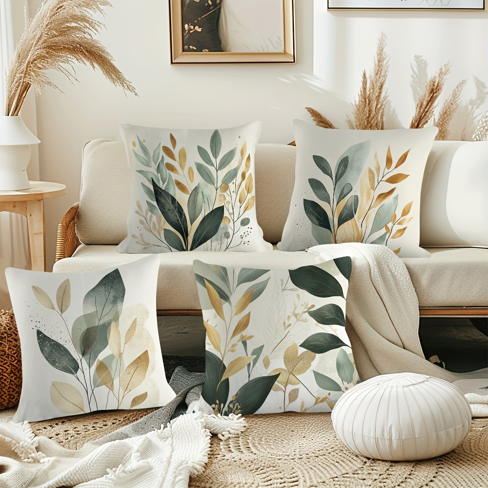 

4pcs Hand- Abstract Botanicals Short Plush Pillow Cover For Living Room, Bedroom, And Office Decor Cream Background With Leaves In Muted Green And 18×18inch/45×45cm