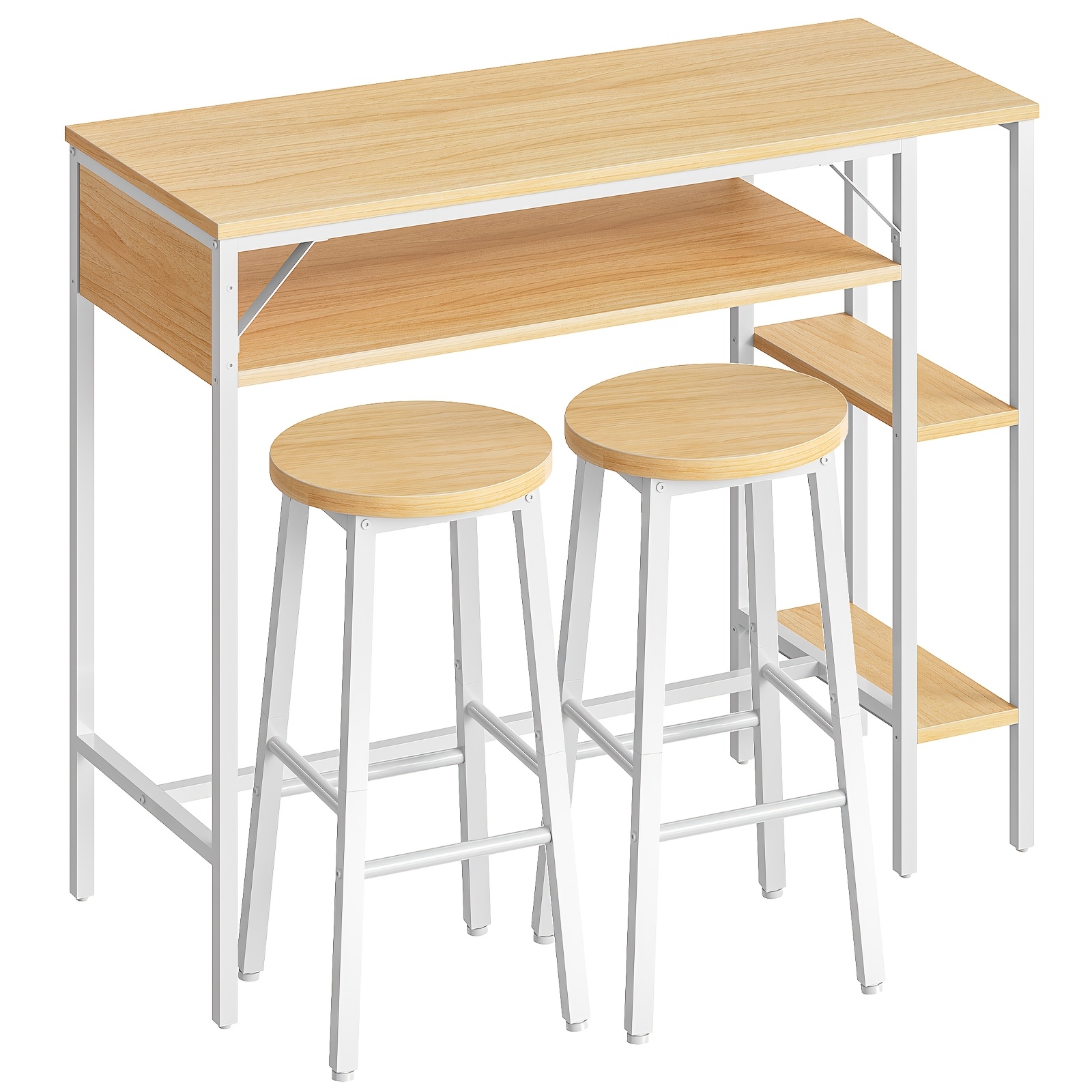 Image of Bar Table And Bar Chair Set, With 3 Storage Shelves, A With 2 Round Chairs, Suitable For Kitchens, Living Rooms And Dining Rooms, White And Wooden Color