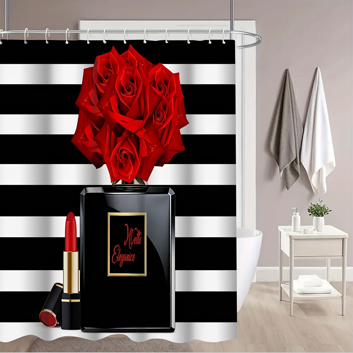 4pcs Classic Red and Black Rose Shower Curtain Set