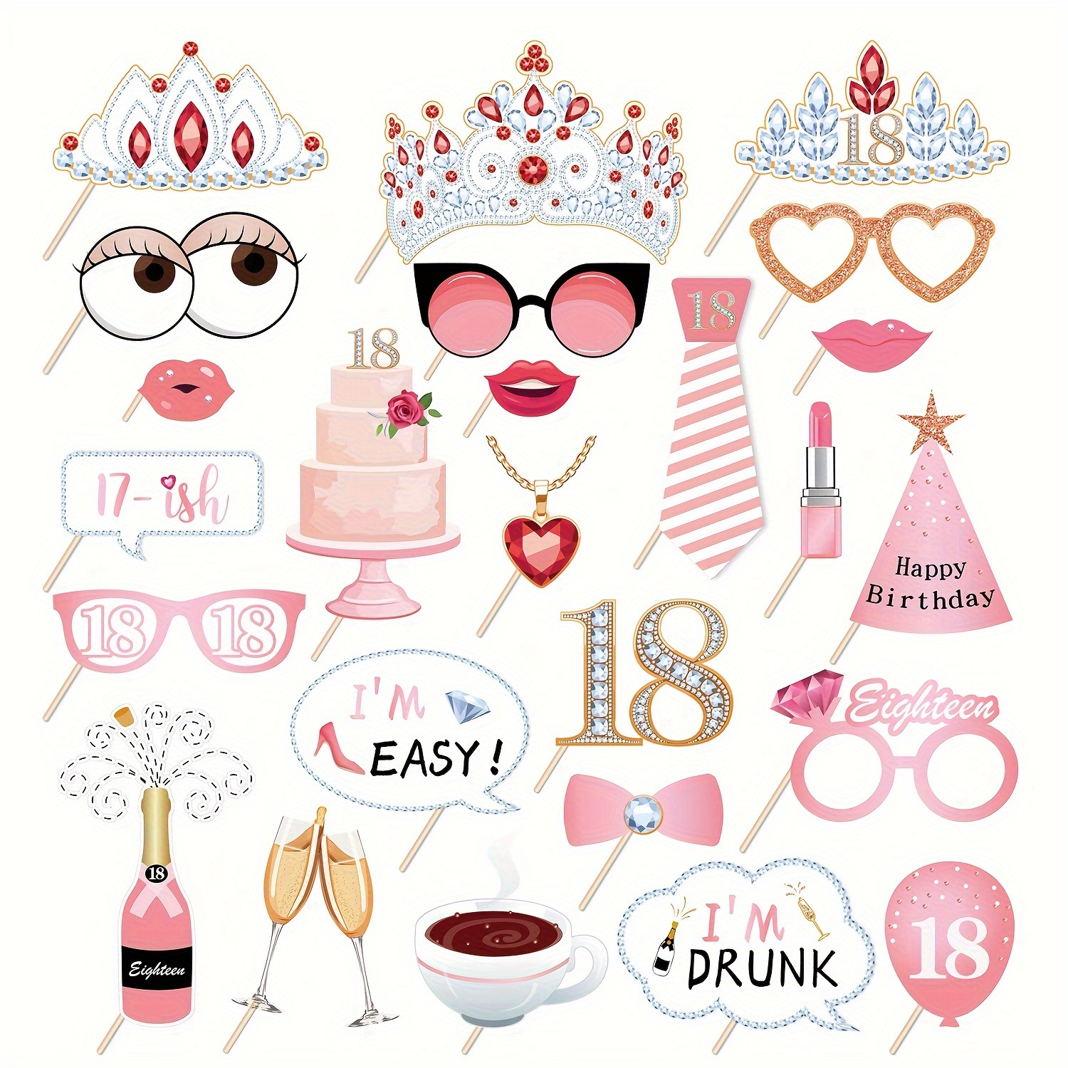 Image of 25pcs 18th Birthday Photo Booth Props, Photobooth Kit, 18 Birthday Party Selfie Props Kit With Stick, Eighteen 18th Birthday Party Decorations Supplies Favors